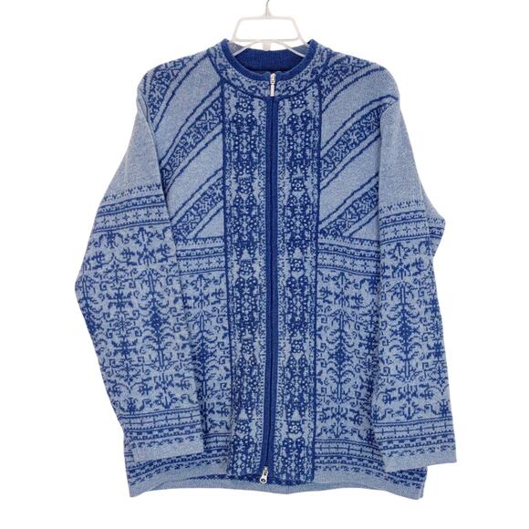 Pendleton Lambs Wool Full Zip Cardigan Sweater High Neck Blue Nordic Womens L - Picture 1 of 9